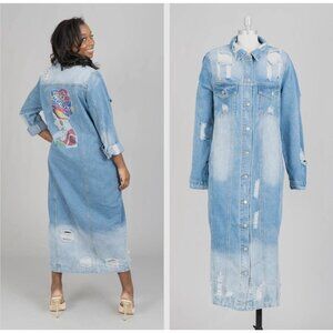 Light Blue‎ Distressed Long Duster Denim Jacket Dress Rhinestone Graphic Size M